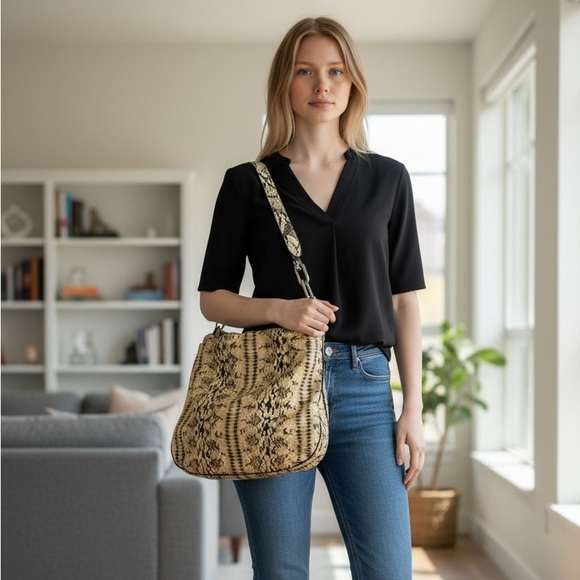 Michael Kors Snake Embossed Leather Hobo Bag - Tan and Black Excellent Condition - Picture 1 of 10